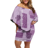 Vintage Lapita Family Matching Off Shoulder Short Dress and Hawaiian Shirt Iconic Double Face Pattern Violet