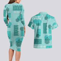 Vintage Lapita Couples Matching Long Sleeve Bodycon Dress and Hawaiian Shirt Iconic Double Face Pattern Turquoise LT05