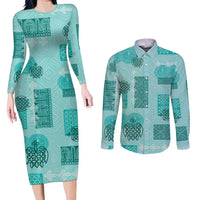 Vintage Lapita Couples Matching Long Sleeve Bodycon Dress and Long Sleeve Button Shirt Iconic Double Face Pattern Turquoise LT05