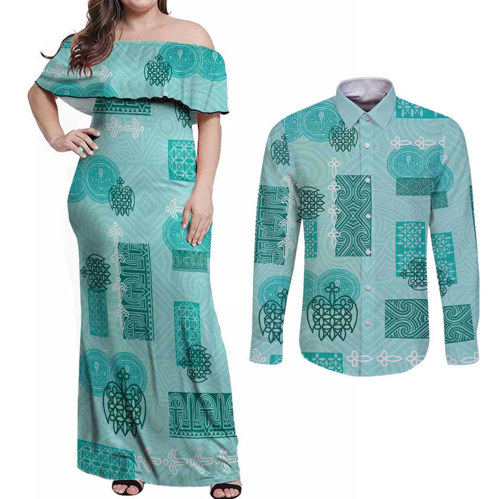 Vintage Lapita Couples Matching Off Shoulder Maxi Dress and Long Sleeve Button Shirt Iconic Double Face Pattern Turquoise LT05 Turquoise - Polynesian Pride