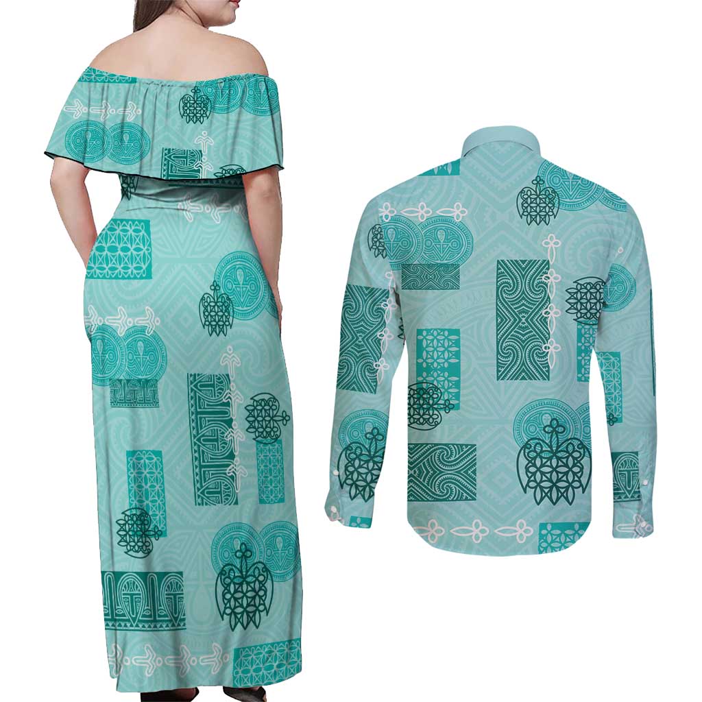 Vintage Lapita Couples Matching Off Shoulder Maxi Dress and Long Sleeve Button Shirt Iconic Double Face Pattern Turquoise LT05 - Polynesian Pride