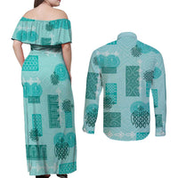 Vintage Lapita Couples Matching Off Shoulder Maxi Dress and Long Sleeve Button Shirt Iconic Double Face Pattern Turquoise LT05 - Polynesian Pride