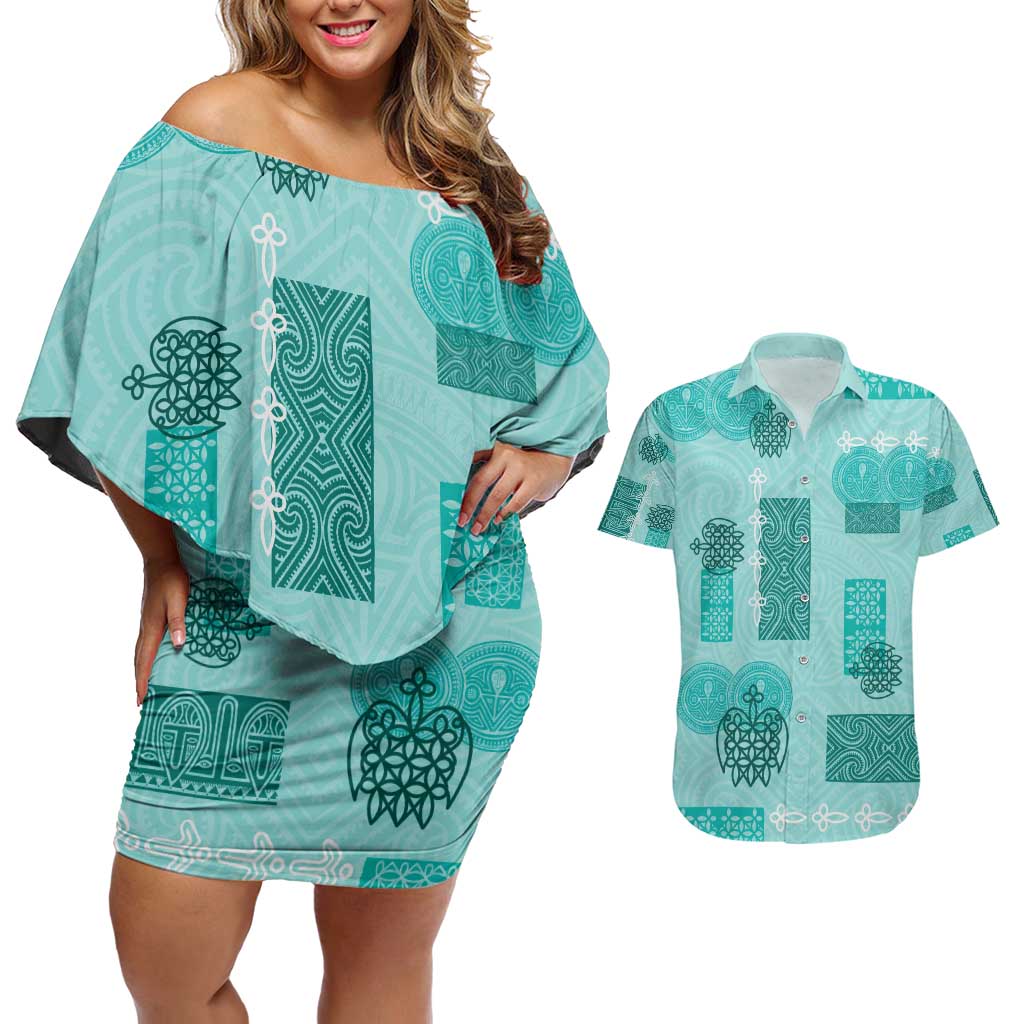Vintage Lapita Couples Matching Off Shoulder Short Dress and Hawaiian Shirt Iconic Double Face Pattern Turquoise LT05