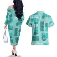 Vintage Lapita Couples Matching Off The Shoulder Long Sleeve Dress and Hawaiian Shirt Iconic Double Face Pattern Turquoise LT05