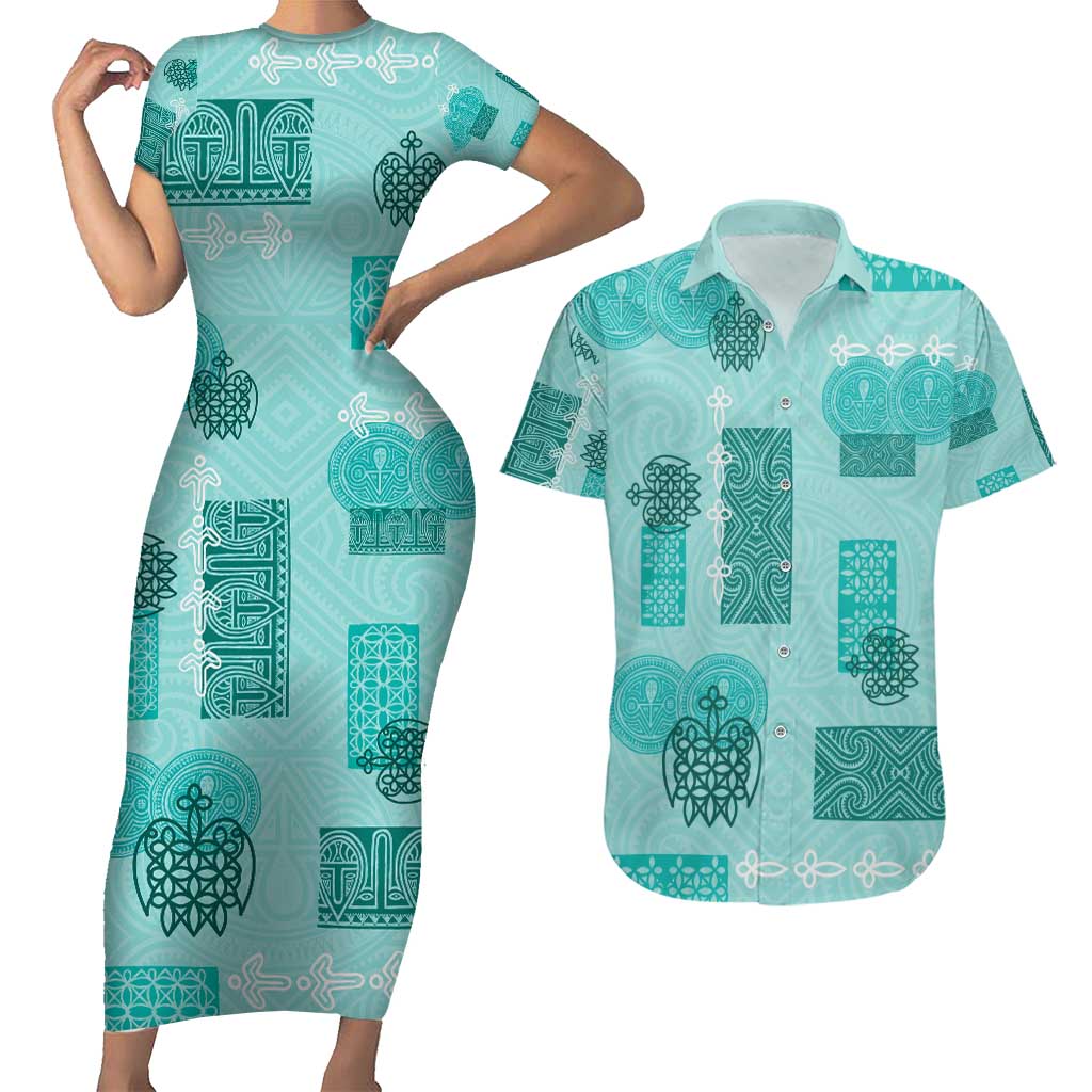 Vintage Lapita Couples Matching Short Sleeve Bodycon Dress and Hawaiian Shirt Iconic Double Face Pattern Turquoise LT05 Turquoise - Polynesian Pride