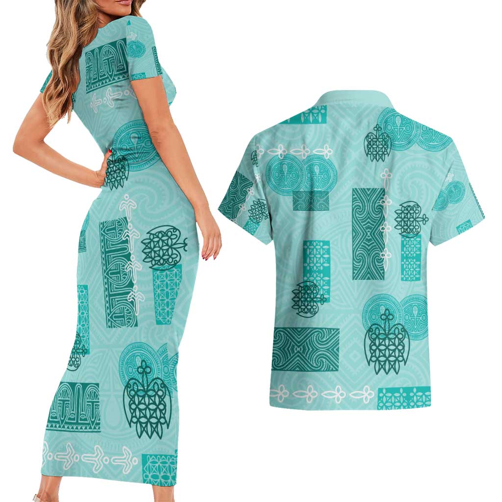 Vintage Lapita Couples Matching Short Sleeve Bodycon Dress and Hawaiian Shirt Iconic Double Face Pattern Turquoise LT05