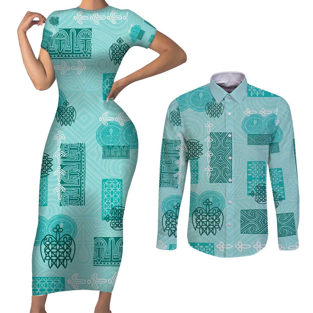Vintage Lapita Couples Matching Short Sleeve Bodycon Dress and Long Sleeve Button Shirt Iconic Double Face Pattern Turquoise LT05 Turquoise - Polynesian Pride
