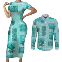 Vintage Lapita Couples Matching Short Sleeve Bodycon Dress and Long Sleeve Button Shirt Iconic Double Face Pattern Turquoise LT05