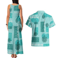 Vintage Lapita Couples Matching Tank Maxi Dress and Hawaiian Shirt Iconic Double Face Pattern Turquoise LT05