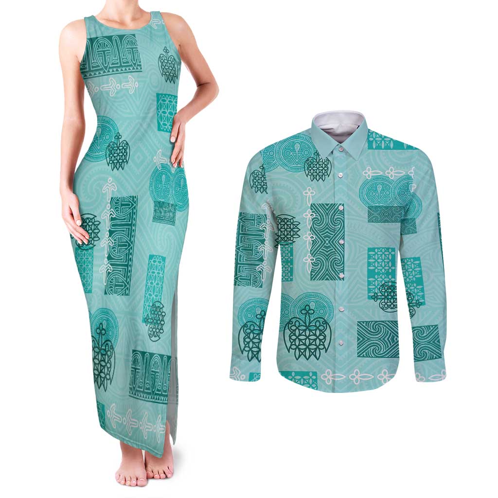 Vintage Lapita Couples Matching Tank Maxi Dress and Long Sleeve Button Shirt Iconic Double Face Pattern Turquoise LT05 Turquoise - Polynesian Pride
