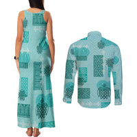 Vintage Lapita Couples Matching Tank Maxi Dress and Long Sleeve Button Shirt Iconic Double Face Pattern Turquoise LT05