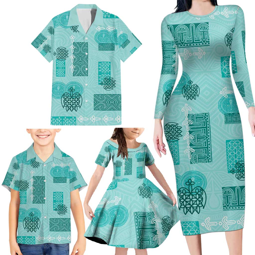 Vintage Lapita Family Matching Long Sleeve Bodycon Dress and Hawaiian Shirt Iconic Double Face Pattern Turquoise LT05