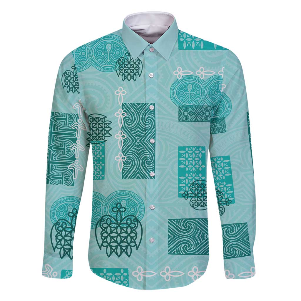 Vintage Lapita Family Matching Long Sleeve Bodycon Dress and Hawaiian Shirt Iconic Double Face Pattern Turquoise LT05