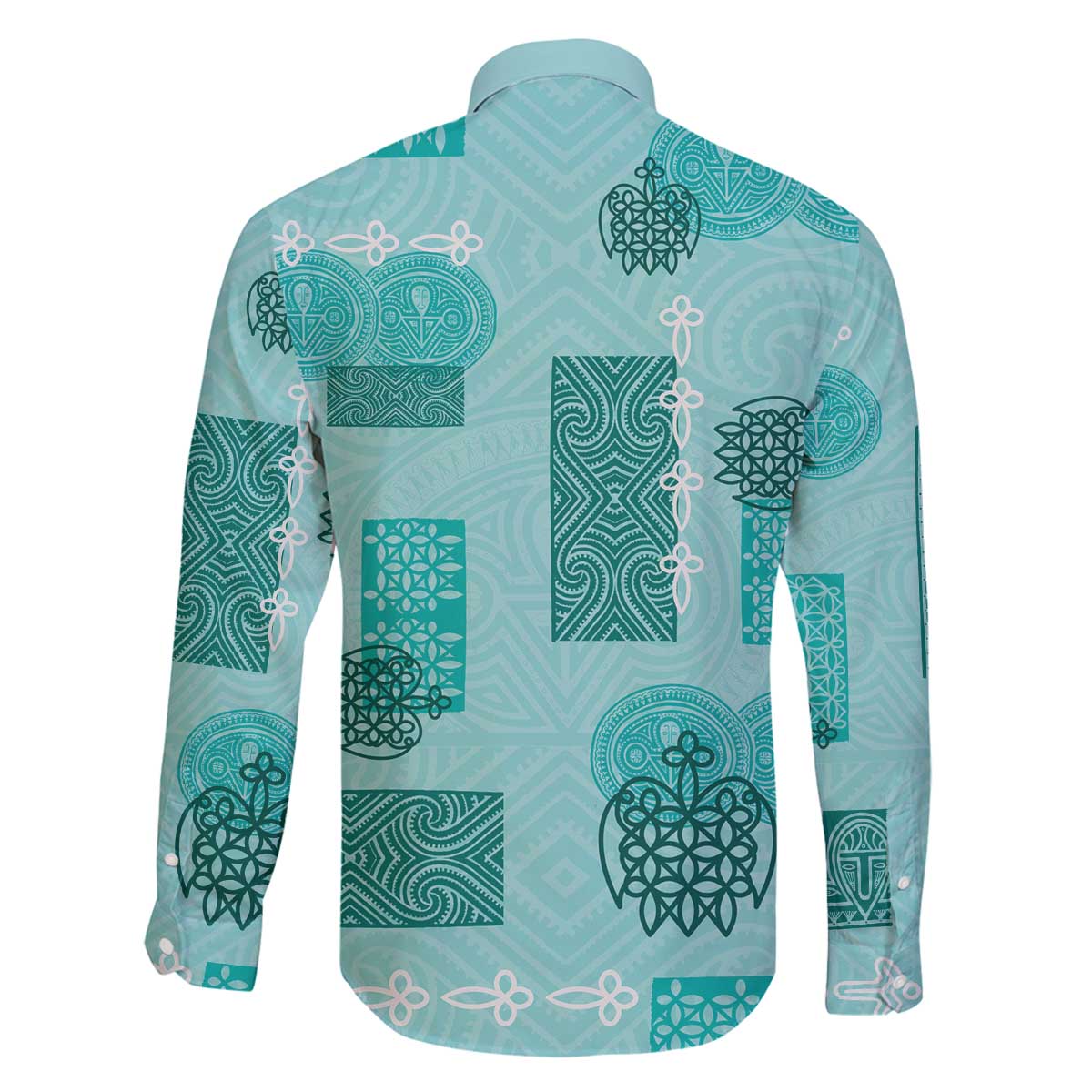 Vintage Lapita Family Matching Off The Shoulder Long Sleeve Dress and Hawaiian Shirt Iconic Double Face Pattern Turquoise LT05