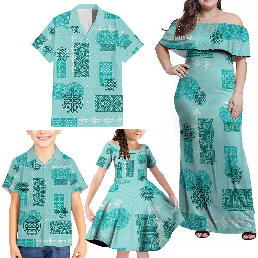 Vintage Lapita Family Matching Off Shoulder Maxi Dress and Hawaiian Shirt Iconic Double Face Pattern Turquoise LT05