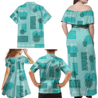 Vintage Lapita Family Matching Off Shoulder Maxi Dress and Hawaiian Shirt Iconic Double Face Pattern Turquoise LT05