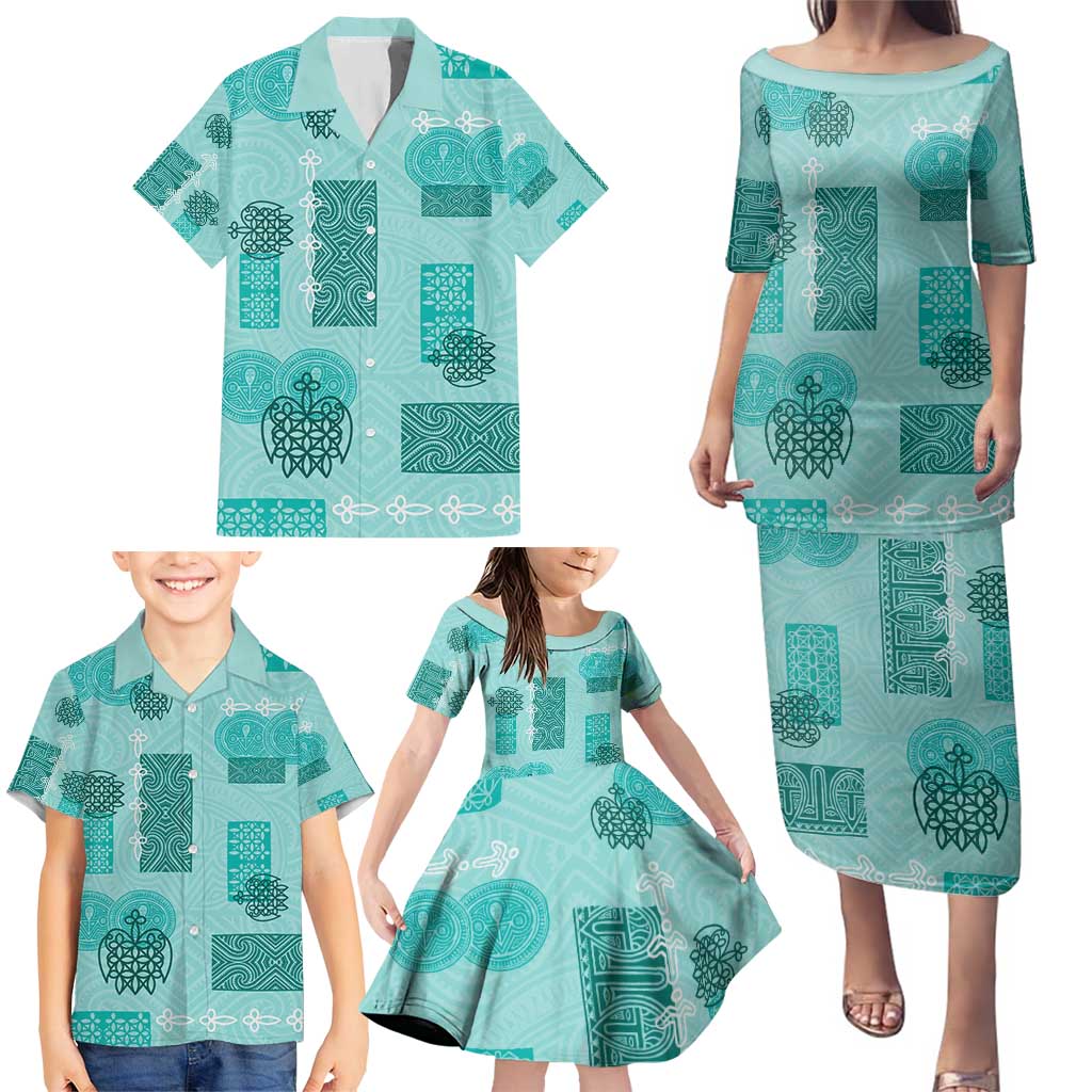 Vintage Lapita Family Matching Puletasi and Hawaiian Shirt Iconic Double Face Pattern Turquoise LT05