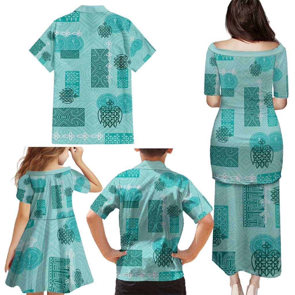 Vintage Lapita Family Matching Puletasi and Hawaiian Shirt Iconic Double Face Pattern Turquoise LT05