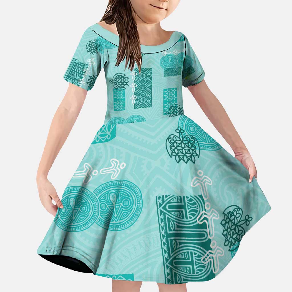 Vintage Lapita Family Matching Short Sleeve Bodycon Dress and Hawaiian Shirt Iconic Double Face Pattern Turquoise LT05