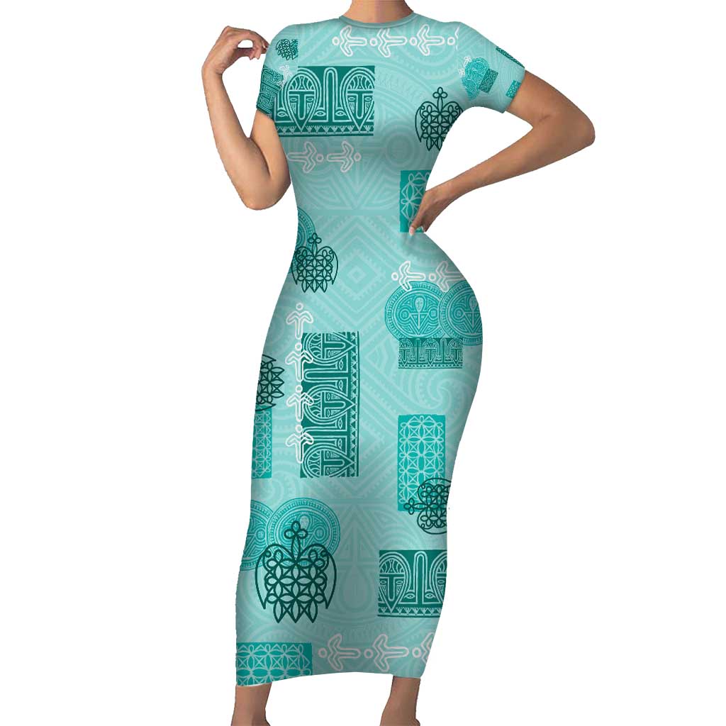 Vintage Lapita Family Matching Short Sleeve Bodycon Dress and Hawaiian Shirt Iconic Double Face Pattern Turquoise LT05