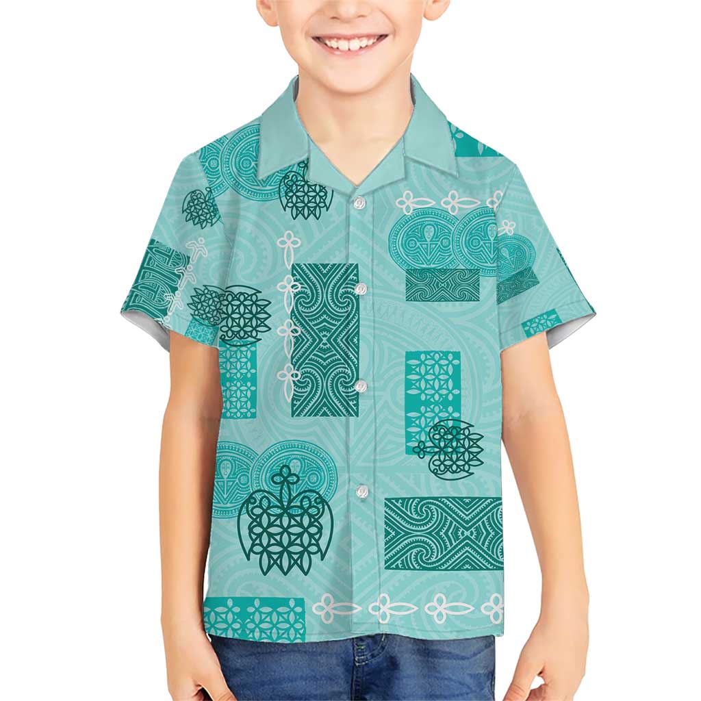 Vintage Lapita Family Matching Short Sleeve Bodycon Dress and Hawaiian Shirt Iconic Double Face Pattern Turquoise LT05