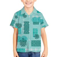Vintage Lapita Family Matching Short Sleeve Bodycon Dress and Hawaiian Shirt Iconic Double Face Pattern Turquoise LT05