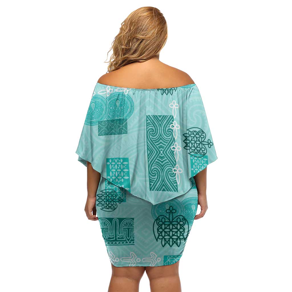 Vintage Lapita Off Shoulder Short Dress Iconic Double Face Pattern Turquoise LT05
