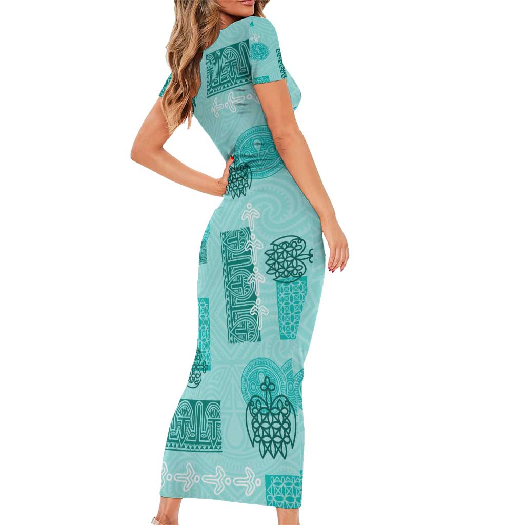 Vintage Lapita Short Sleeve Bodycon Dress Iconic Double Face Pattern Turquoise LT05