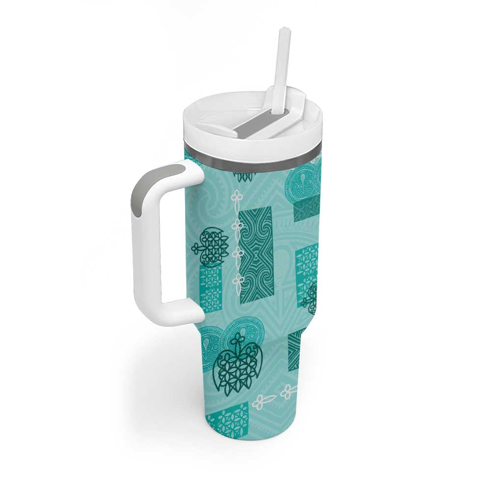 Vintage Lapita Tumbler With Handle Iconic Double Face Pattern Turquoise LT05 - Polynesian Pride