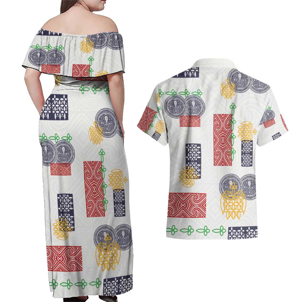 Vintage Lapita Couples Matching Off Shoulder Maxi Dress and Hawaiian Shirt Iconic Double Face Pattern