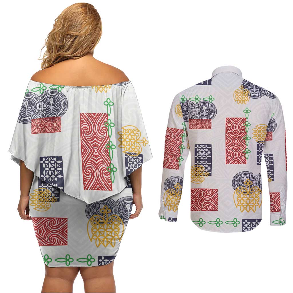 Vintage Lapita Couples Matching Off Shoulder Short Dress and Long Sleeve Button Shirt Iconic Double Face Pattern