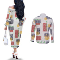 Vintage Lapita Couples Matching Off The Shoulder Long Sleeve Dress and Long Sleeve Button Shirt Iconic Double Face Pattern