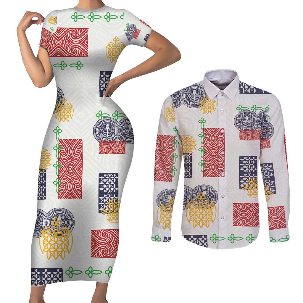 Vintage Lapita Couples Matching Short Sleeve Bodycon Dress and Long Sleeve Button Shirt Iconic Double Face Pattern LT05 Colorful - Polynesian Pride