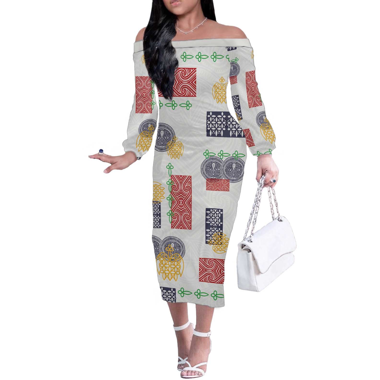 Vintage Lapita Off The Shoulder Long Sleeve Dress Iconic Double Face Pattern