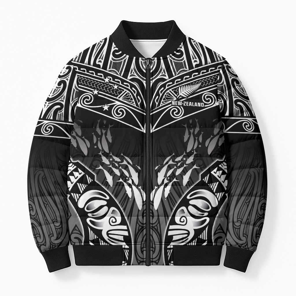 Custom New Zealand Fishing Bomber Puffer Jacket Aotearoa Maori Koru LT05 Unisex Black - Polynesian Pride