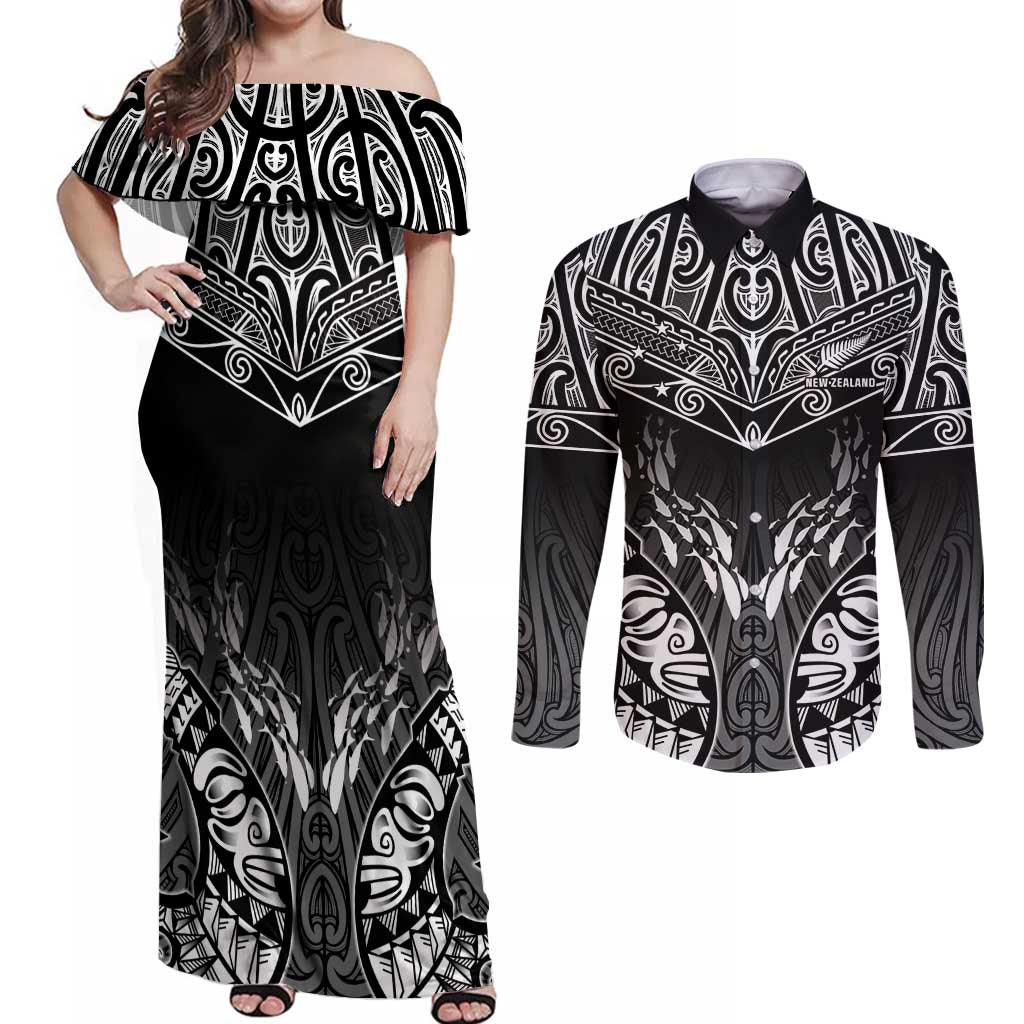 Custom New Zealand Fishing Couples Matching Off Shoulder Maxi Dress and Long Sleeve Button Shirt Aotearoa Maori Koru - Polynesian Pride
