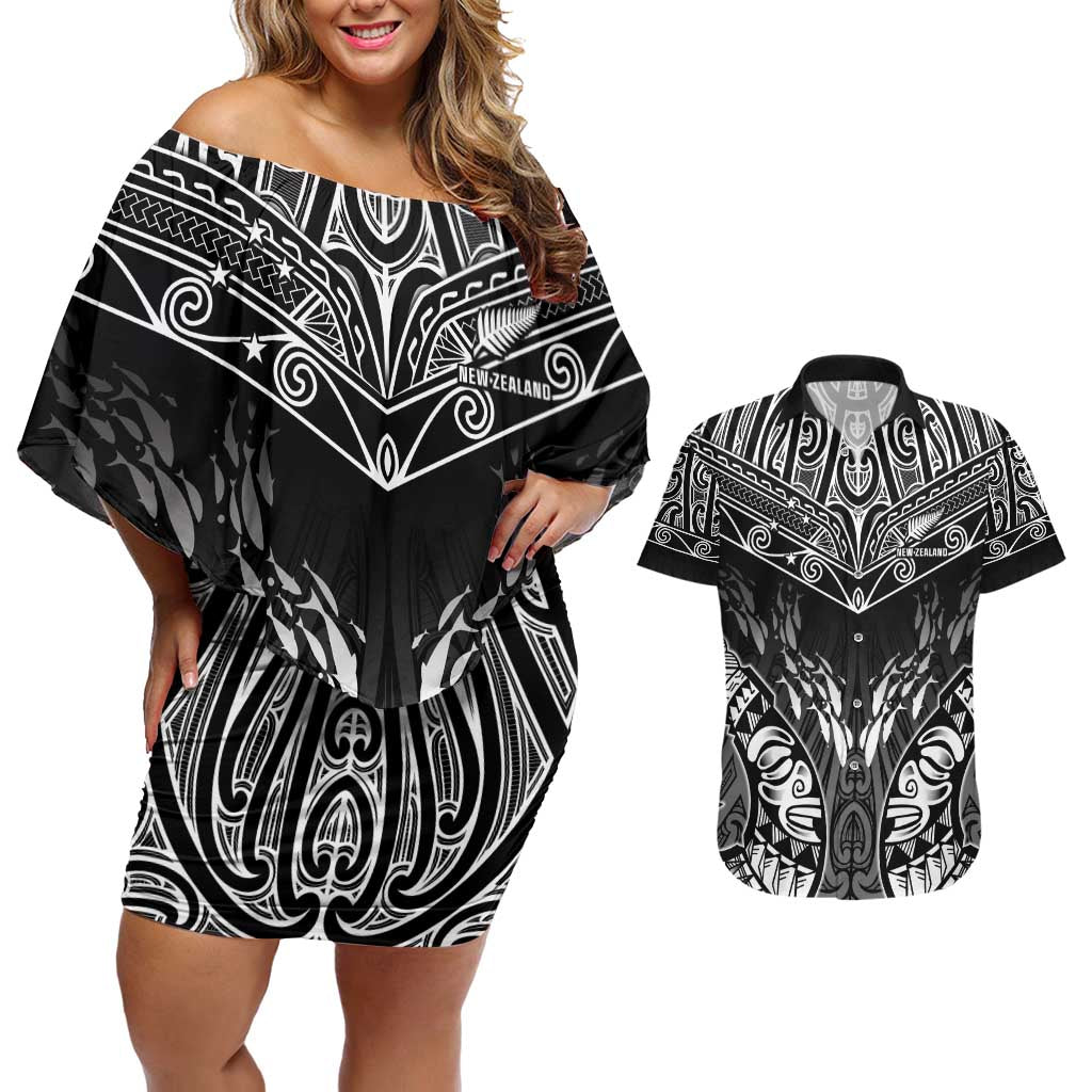 Custom New Zealand Fishing Couples Matching Off Shoulder Short Dress and Hawaiian Shirt Aotearoa Maori Koru - Polynesian Pride