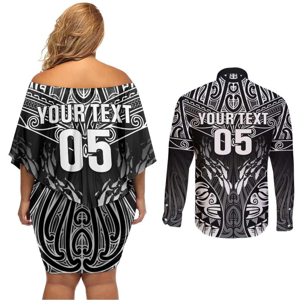 Custom New Zealand Fishing Couples Matching Off Shoulder Short Dress and Long Sleeve Button Shirt Aotearoa Maori Koru - Polynesian Pride