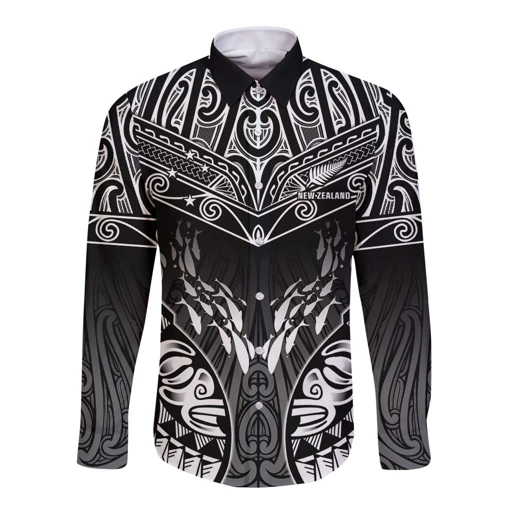 Custom New Zealand Fishing Long Sleeve Button Shirt Aotearoa Maori Koru LT05 Unisex Black - Polynesian Pride