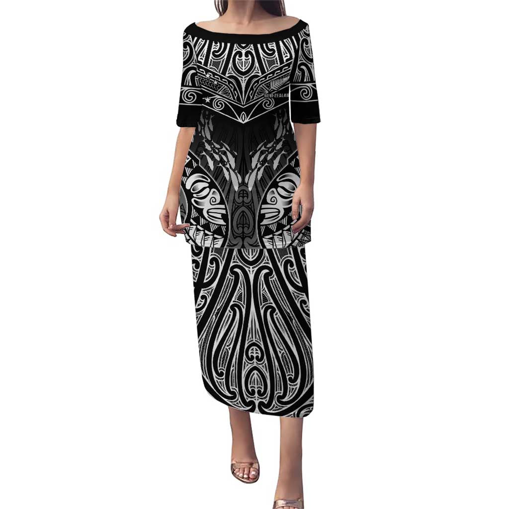 Custom New Zealand Fishing Puletasi Aotearoa Maori Koru LT05 Long Dress Black - Polynesian Pride