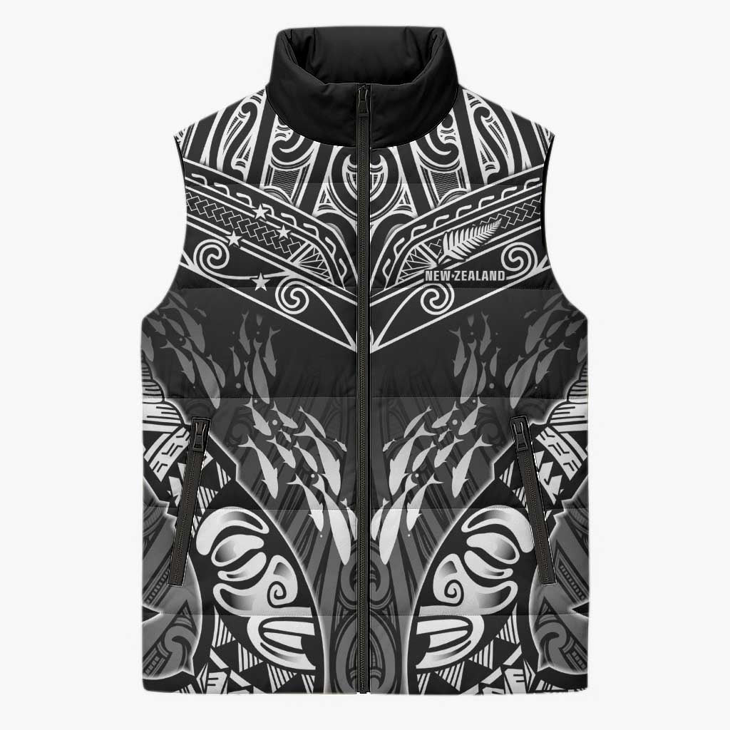 Custom New Zealand Fishing Sleeveless Puffer Jacket Aotearoa Maori Koru LT05 Unisex Black - Polynesian Pride