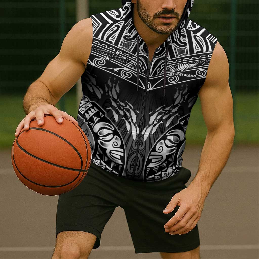 Custom New Zealand Fishing Sleeveless Zip Hoodie Aotearoa Maori Koru - Polynesian Pride