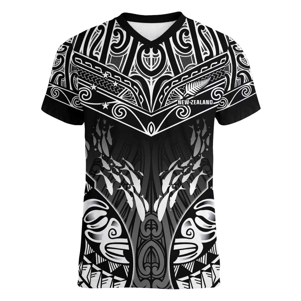 Custom New Zealand Fishing Women V-Neck T-Shirt Aotearoa Maori Koru - Polynesian Pride