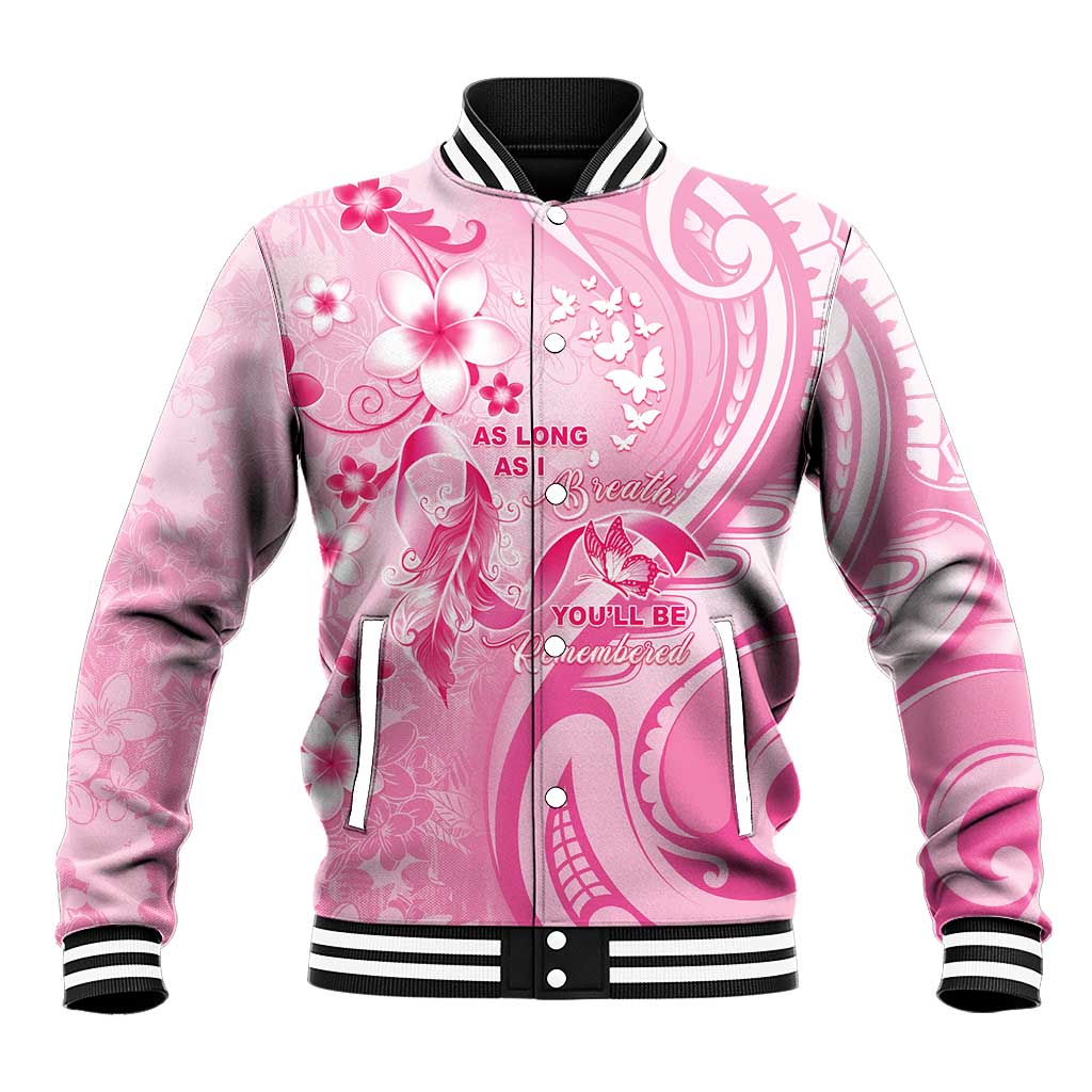 Personalised Memorial Pink Breast Cancer Awareness Baseball Jacket Plumeria Floral Tribal Pattern LT05 Unisex Pink - Polynesian Pride