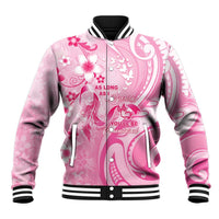 Personalised Memorial Pink Breast Cancer Awareness Baseball Jacket Plumeria Floral Tribal Pattern - Polynesian Pride