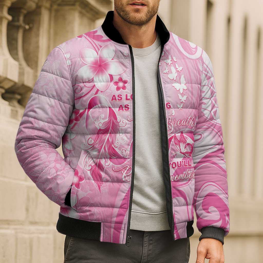 Personalised Memorial Pink Breast Cancer Awareness Bomber Puffer Jacket Plumeria Floral Tribal Pattern - Polynesian Pride