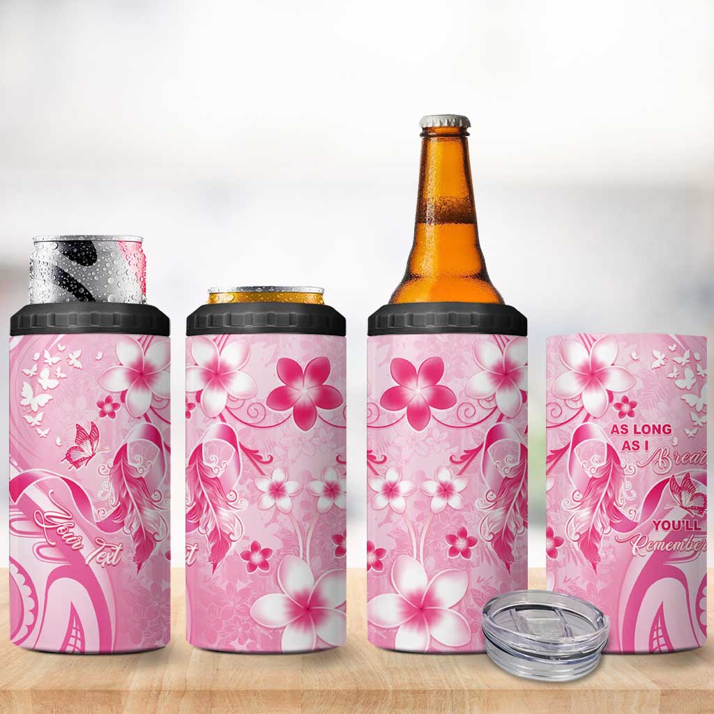 Personalised Memorial Pink Breast Cancer Awareness 4 in 1 Can Cooler Tumbler Plumeria Floral Tribal Pattern - Polynesian Pride