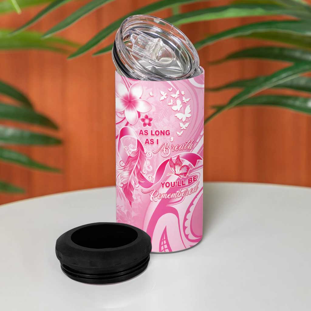 Personalised Memorial Pink Breast Cancer Awareness 4 in 1 Can Cooler Tumbler Plumeria Floral Tribal Pattern - Polynesian Pride