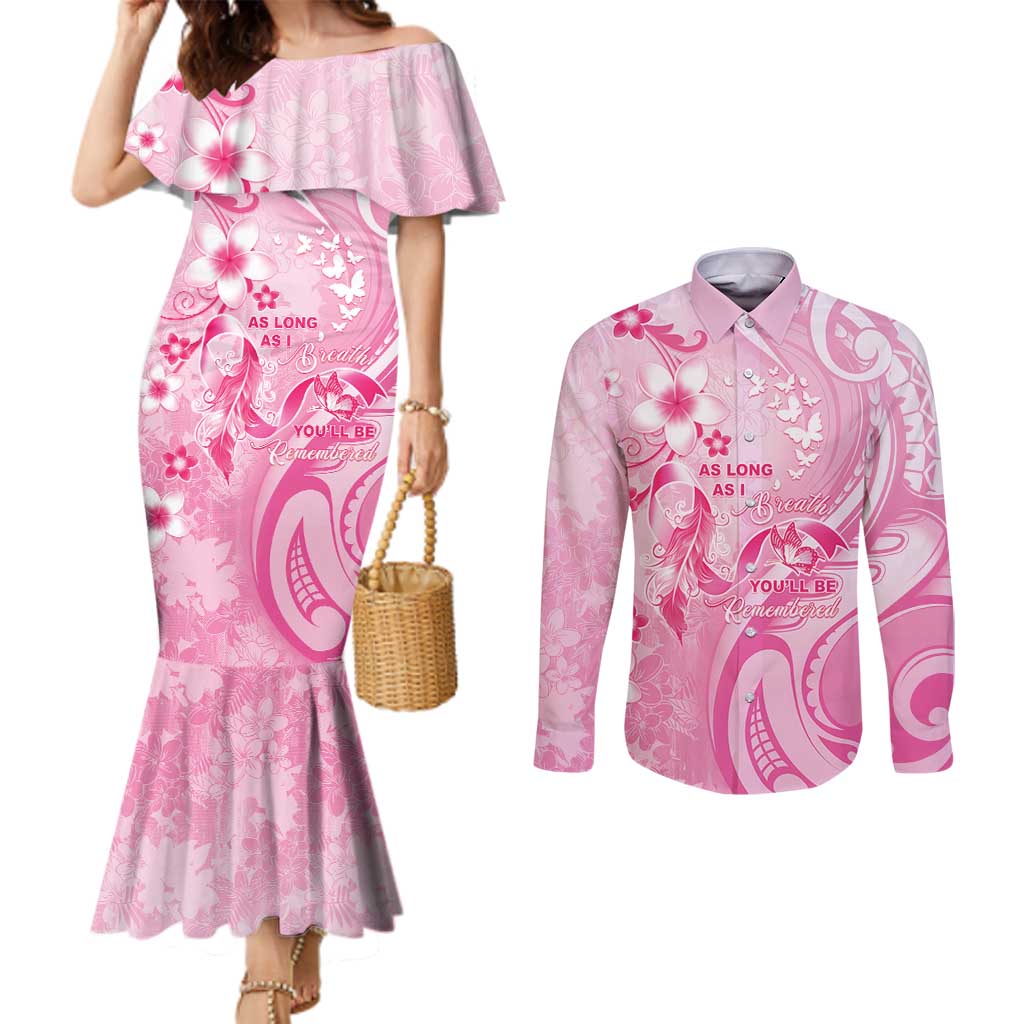 Personalised Memorial Pink Breast Cancer Awareness Couples Matching Mermaid Dress and Long Sleeve Button Shirt Plumeria Floral Tribal Pattern - Polynesian Pride