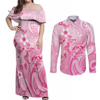 Personalised Memorial Pink Breast Cancer Awareness Couples Matching Off Shoulder Maxi Dress and Long Sleeve Button Shirt Plumeria Floral Tribal Pattern - Polynesian Pride
